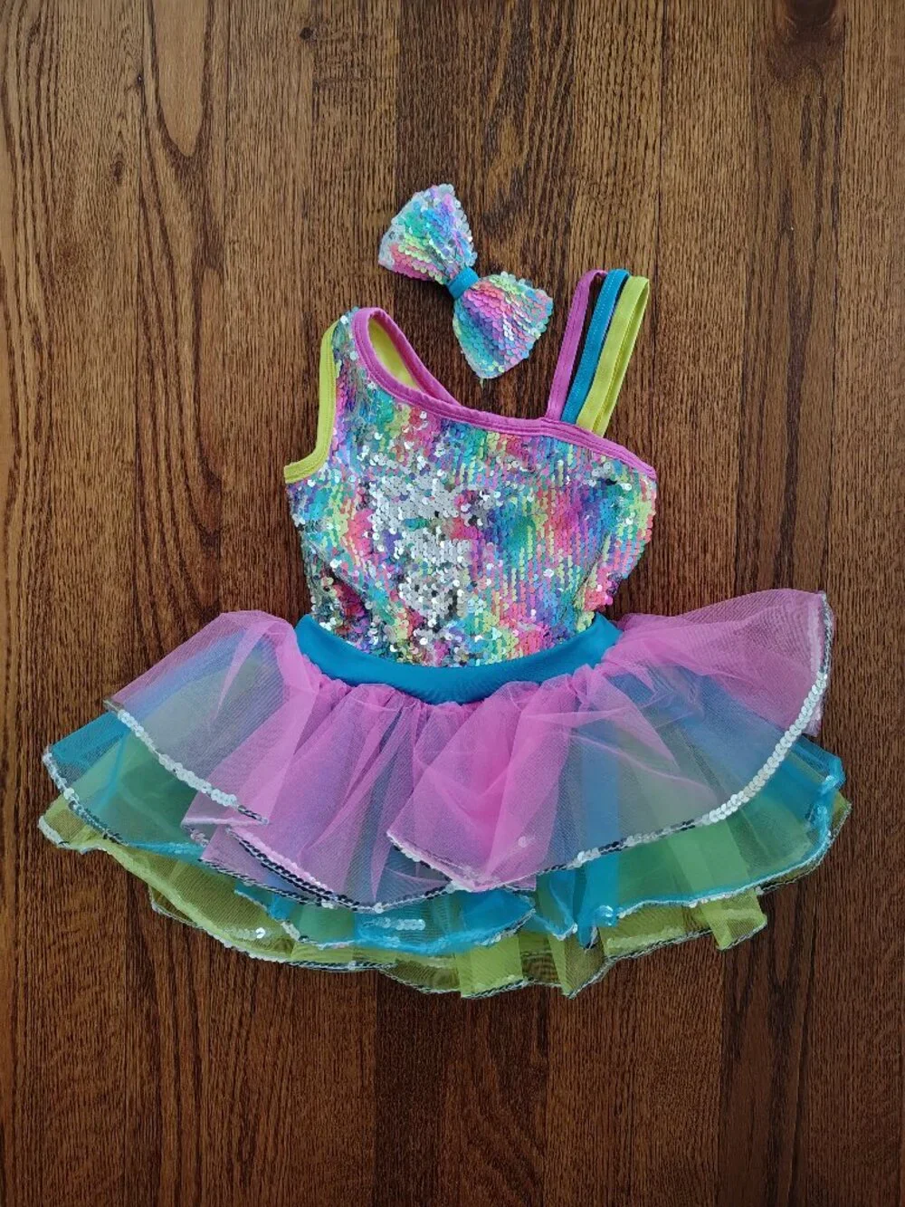 Rainbow Sequin Dance Tutu Costume and Bow. A Wish Come True. Sugar Rush.